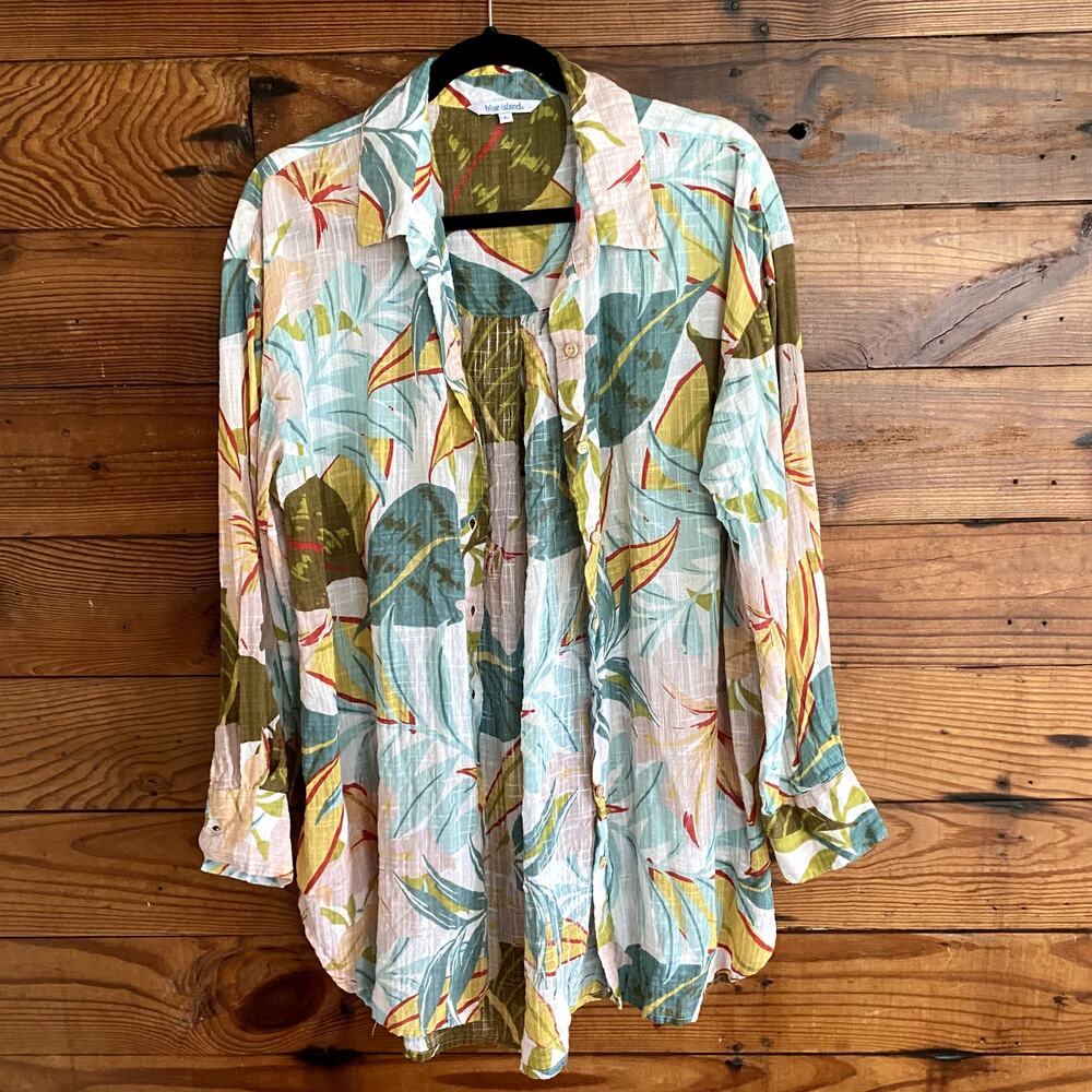 Blue Island Cotton Lightweight Tropical Print Button Down Large